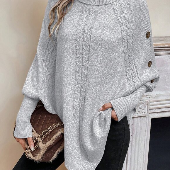 Light Grey Casual Women's High Neck Batwing Sleeve Sweater With Asymmetrical Hem - Picture 3 of 7